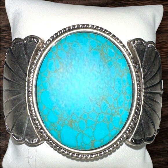 Blue Turquoise Silver Western Southwest Stretch Bracelet Ranch Wear Cowgirl - Picture 13 of 16